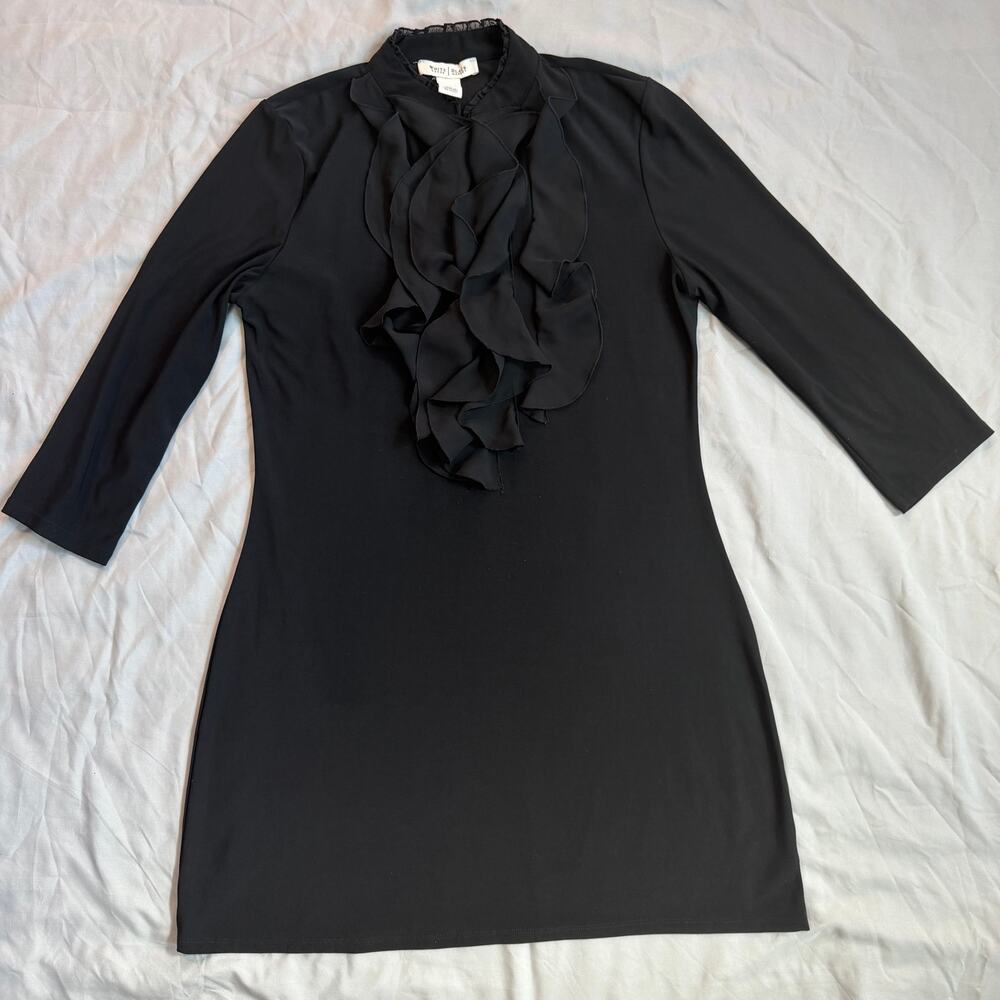 White House Black Market Black Dress Ruffle Front Quarter Sleeves- M